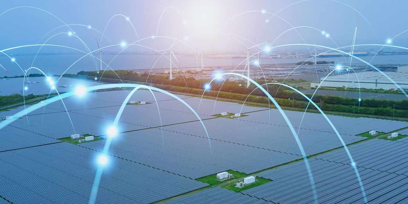 Solar power plant and communication network concept. Renewable energy. Smart grid.