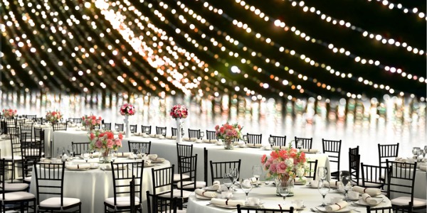 A wedding reception area arranged by a wedding planner.